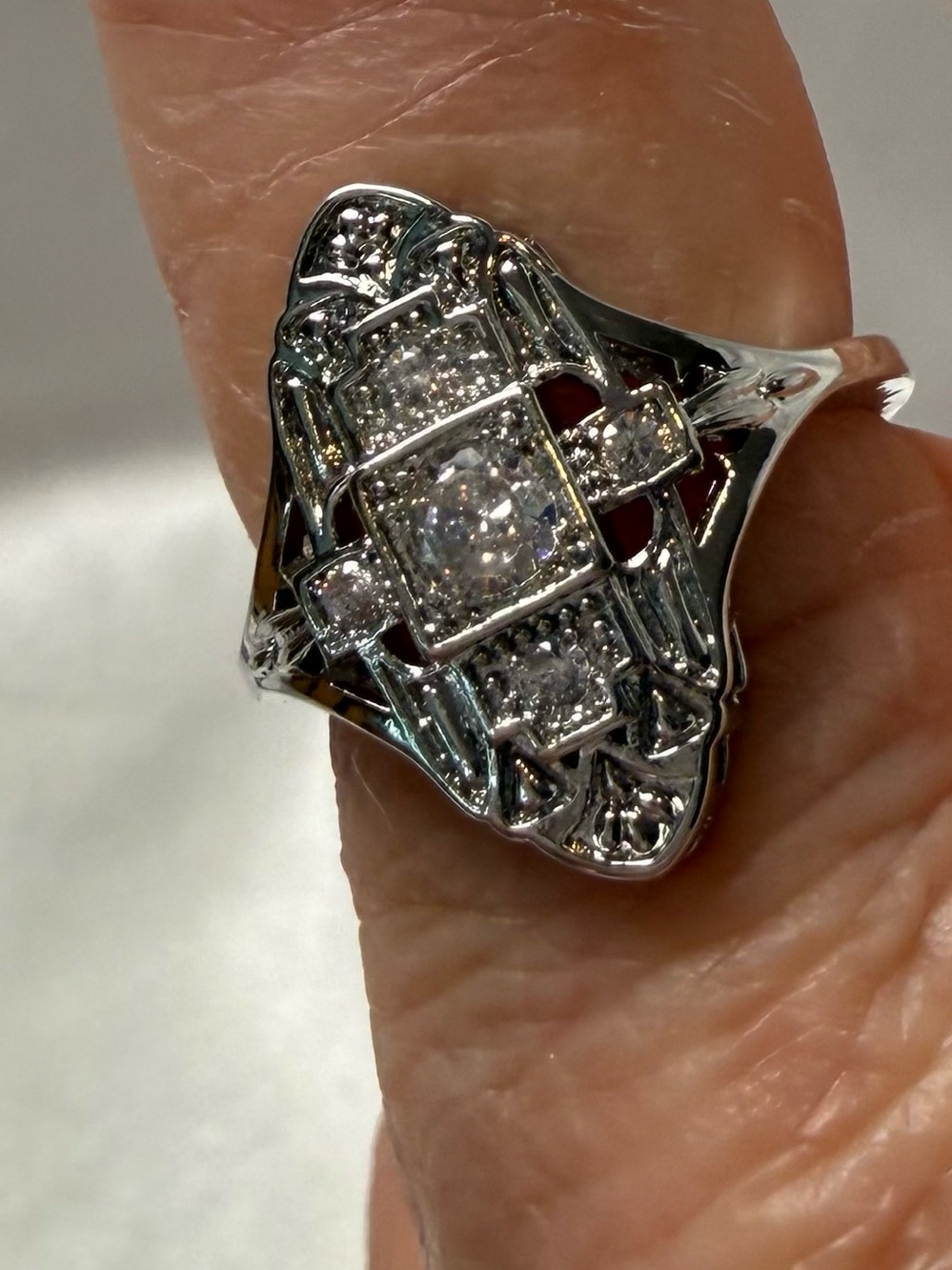 Sterling Silver CZ Like Art Deco Geometric Statement Ring Size 6.5